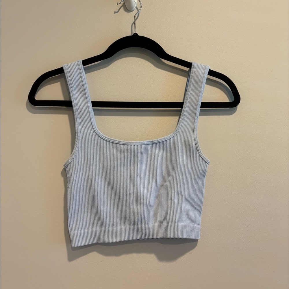 Zara Blue Cropped Ribbed Square Neck Tank